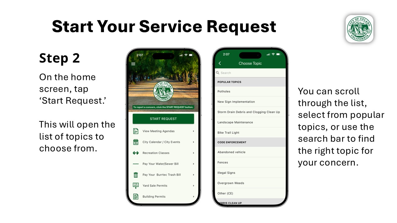 Instructions for starting a service request in the Upland Connect app by tapping &lsquo;Start Request&rsquo; and selecting a topic from the list or search bar